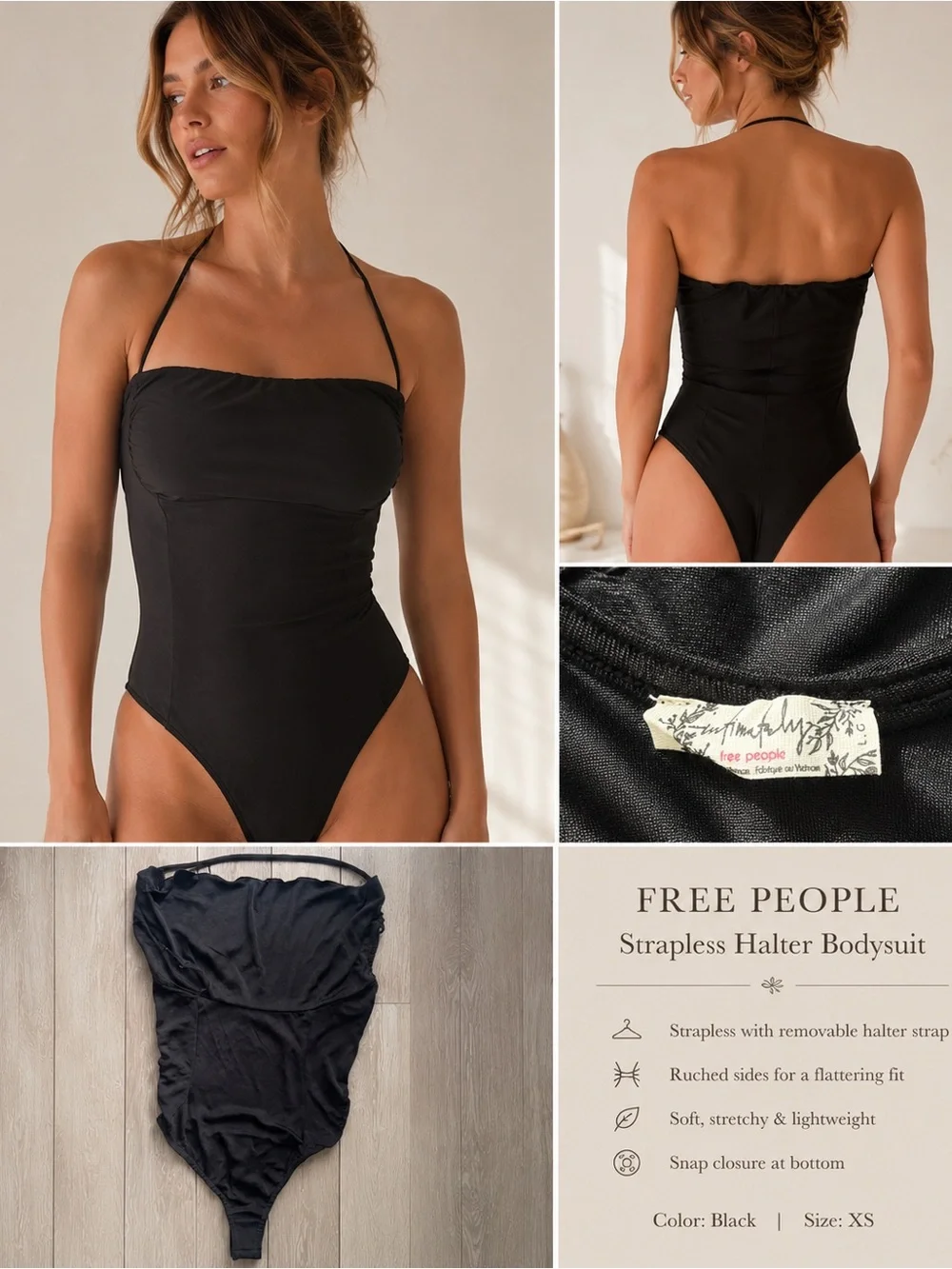 Free People Black Strapless Halter Bodysuit L